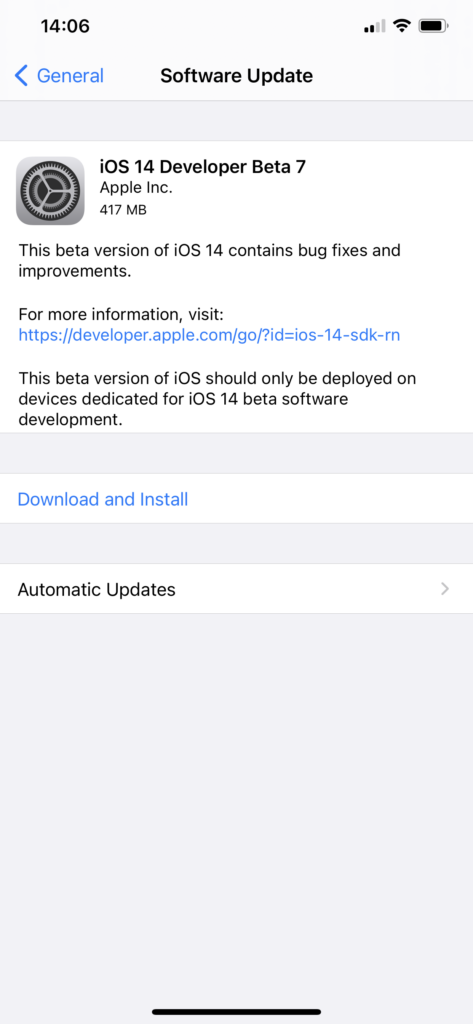 Notifica dell'aggiornamento ad iOS 14 beta 7